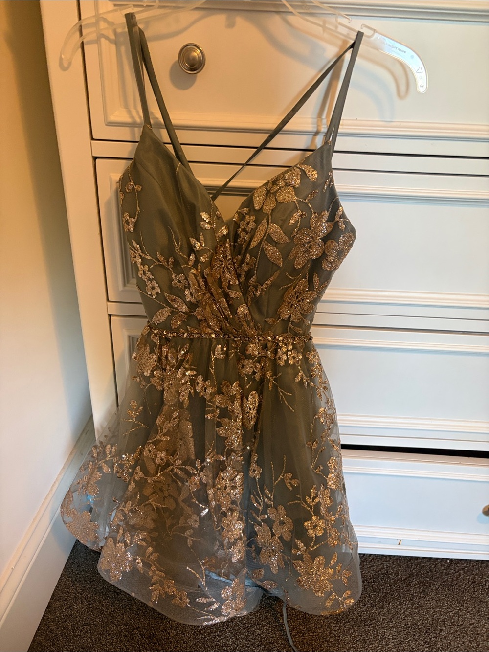 Colette Malouf Olive Green Tulle Prom Dress with Gold Floral Appliqué